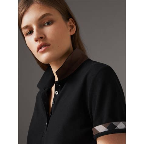 burberry women's polo check trim stretch pique polo shirt|Check Collar Cotton Polo Shirt in Kingfisher .